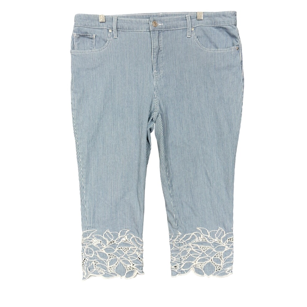 Chico's Blue Pinstripe Cropped Jeans with White Lace Hem